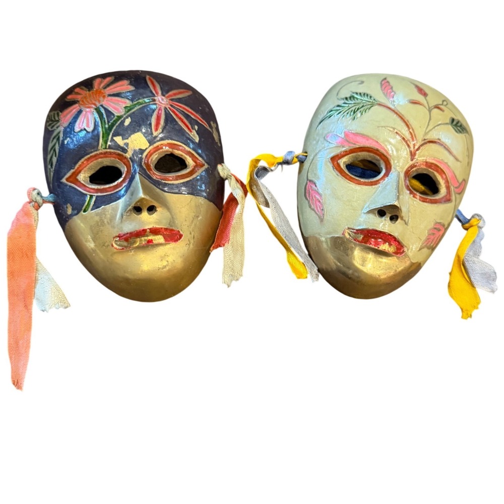 Vintage Brass Decorative Masks Set of 2 Hand Painted Floral India Wall Art Decor